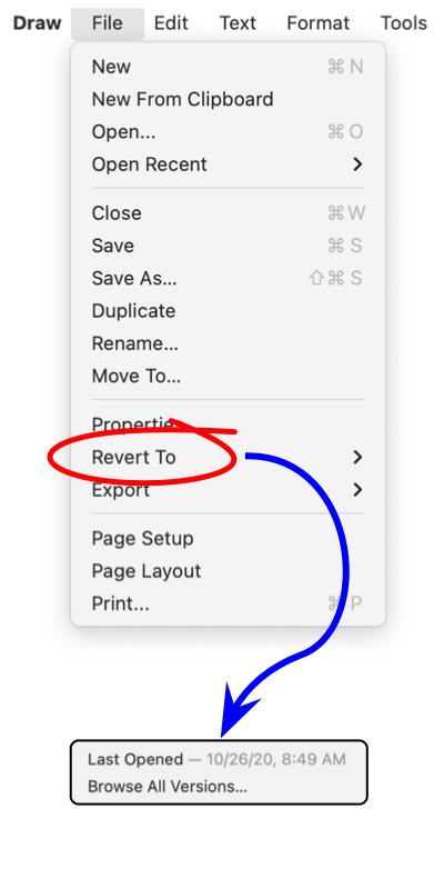 EazyDraw main File menu, Revert To command.