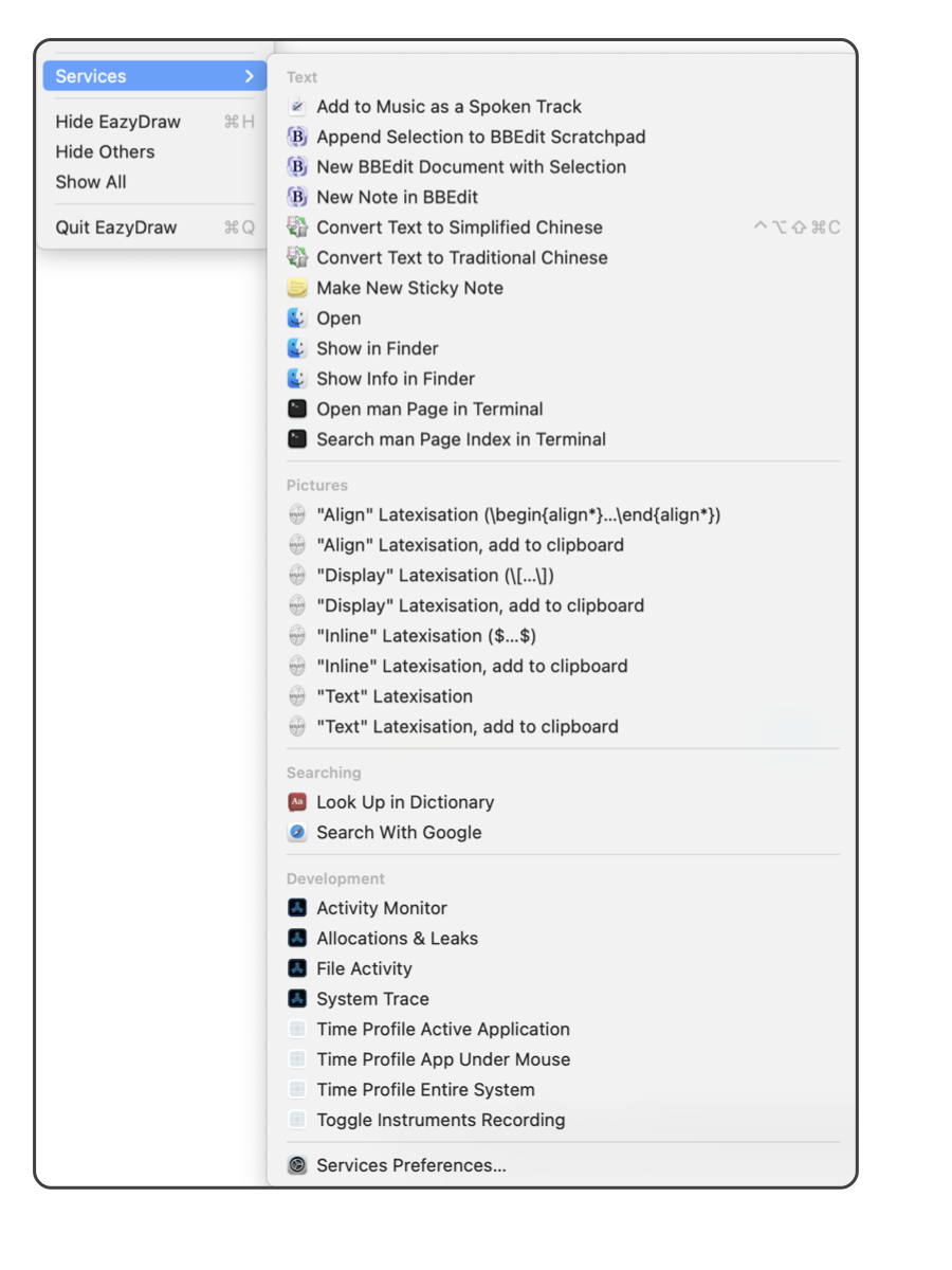 macOS Services menu EazyDraw and LaTeXiT equation exchange