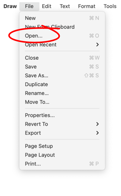 EazyDraw for macOS main File menu, open drawings.