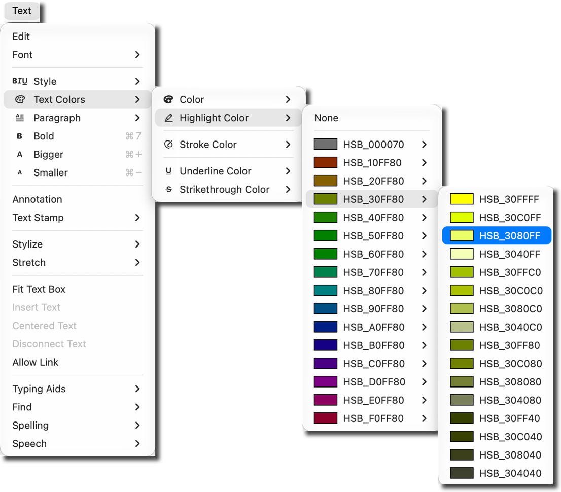 Highlight Color submenu expanded to its hue columns