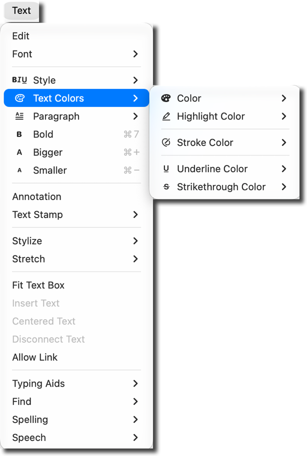 Text Colors submenu of the Text menu